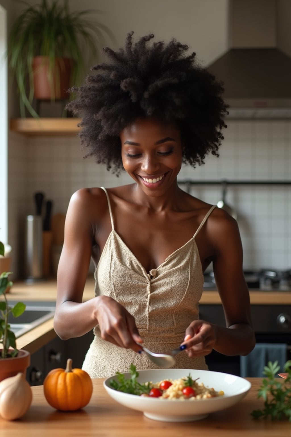 easygoing  feminine woman cooking a simple meal in a cozy kitchen setting