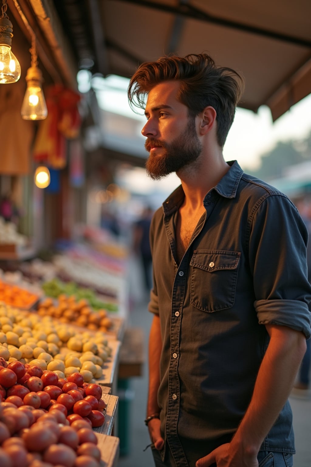wanderlust masculine  man browsing stalls in a bustling local market