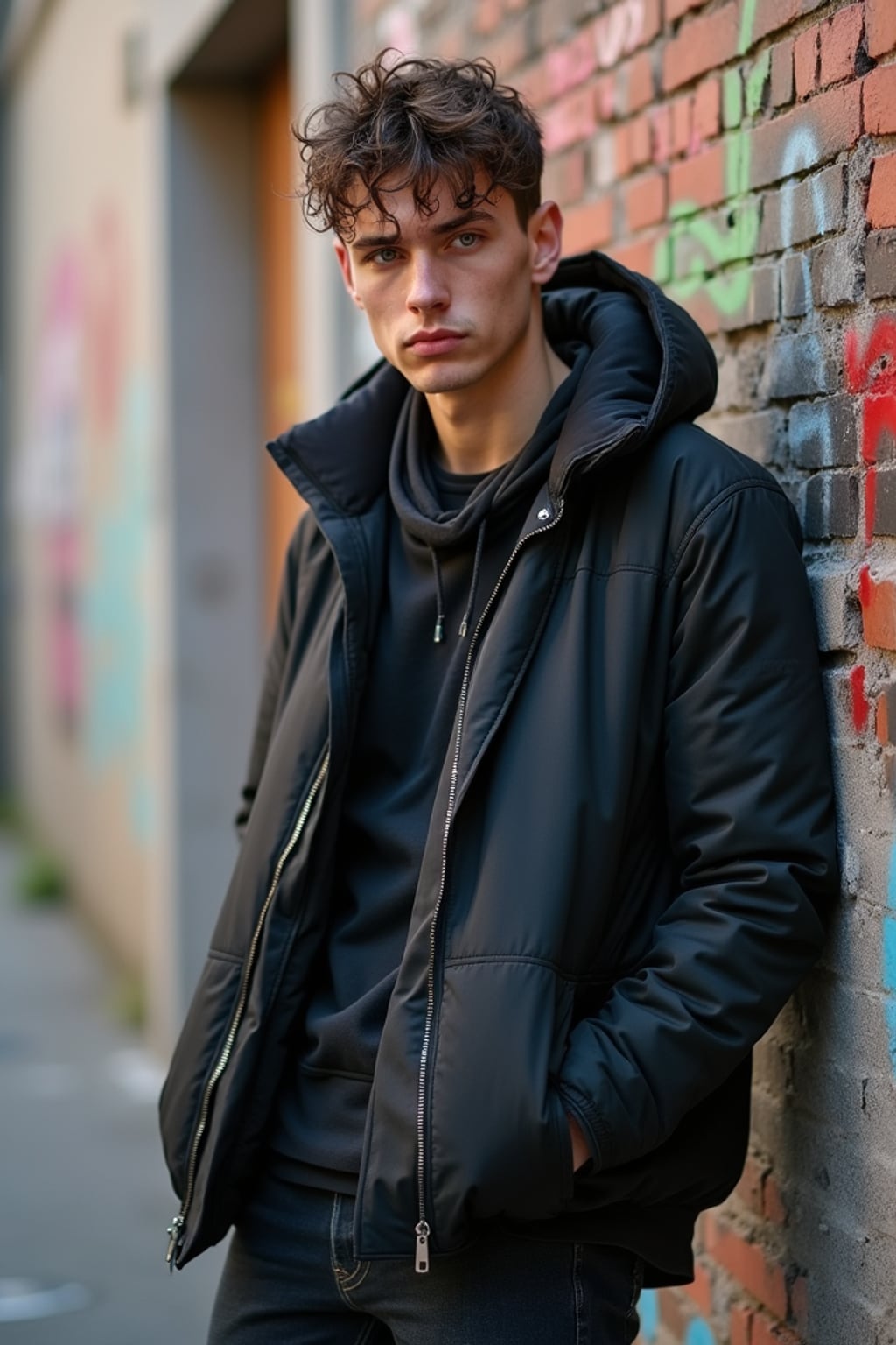 charismatic masculine  man showing off an edgy streetwear look against an urban wall