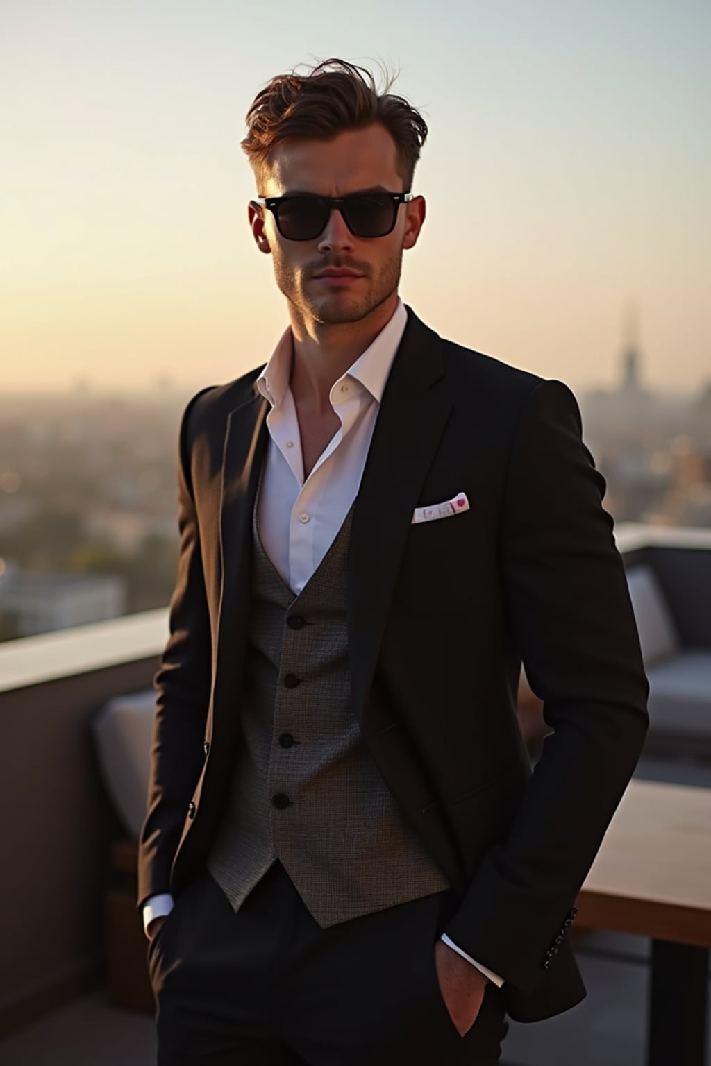 stylish masculine  man dressed up for a classy rooftop bar setting