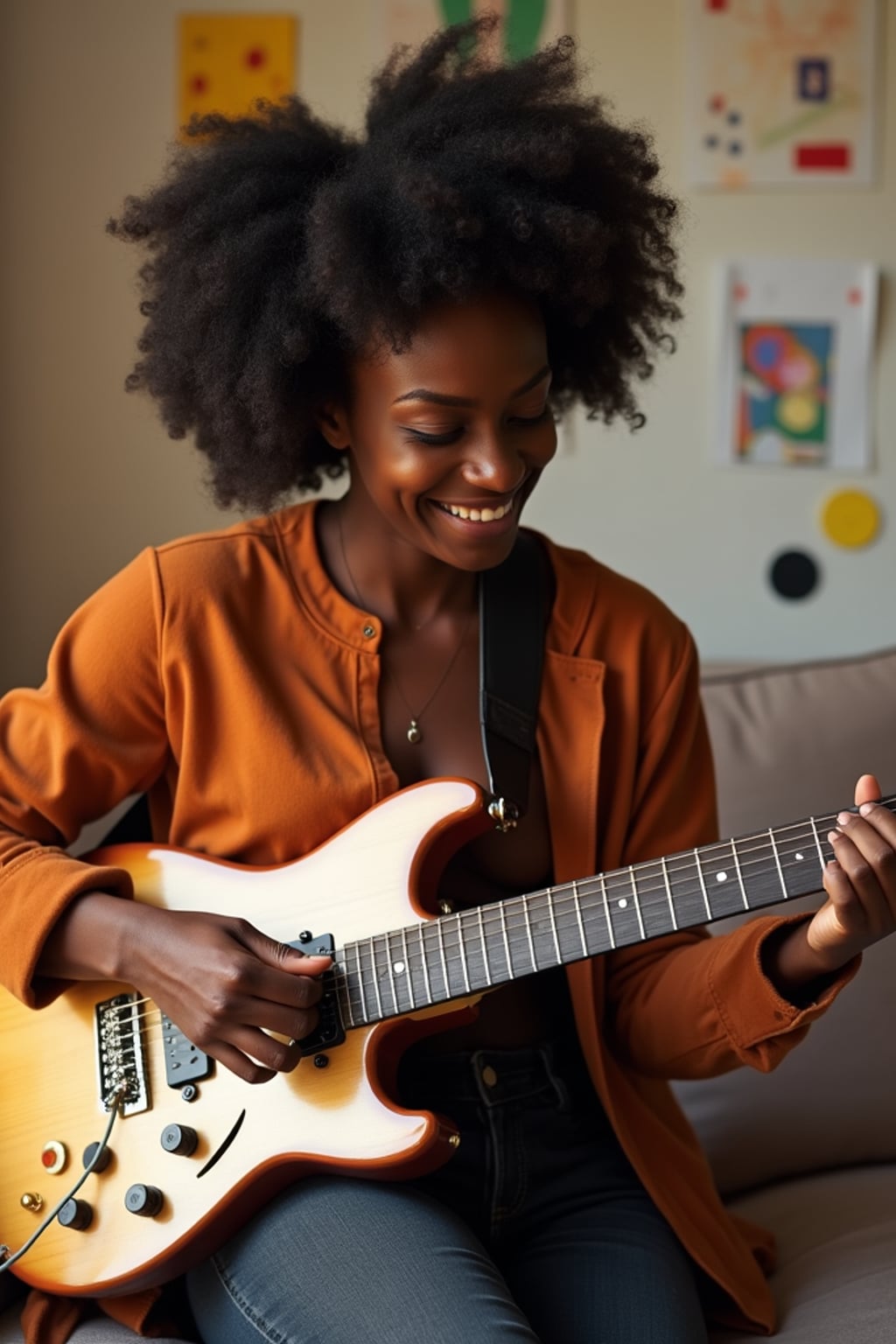 creative  feminine woman practicing a personal passion—playing guitar, painting, or crafting