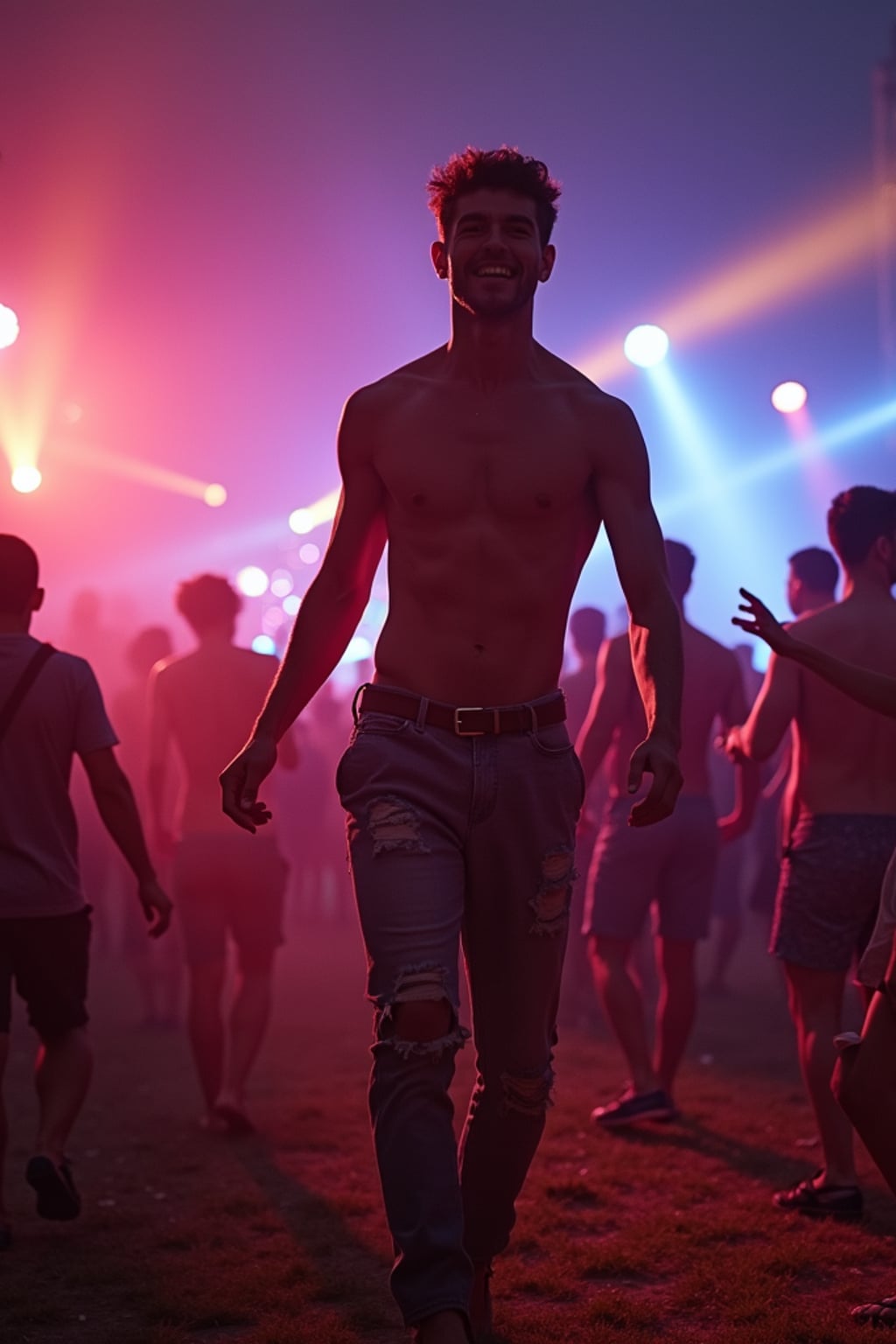 energetic masculine  man dancing at a summer music festival with colorful lights