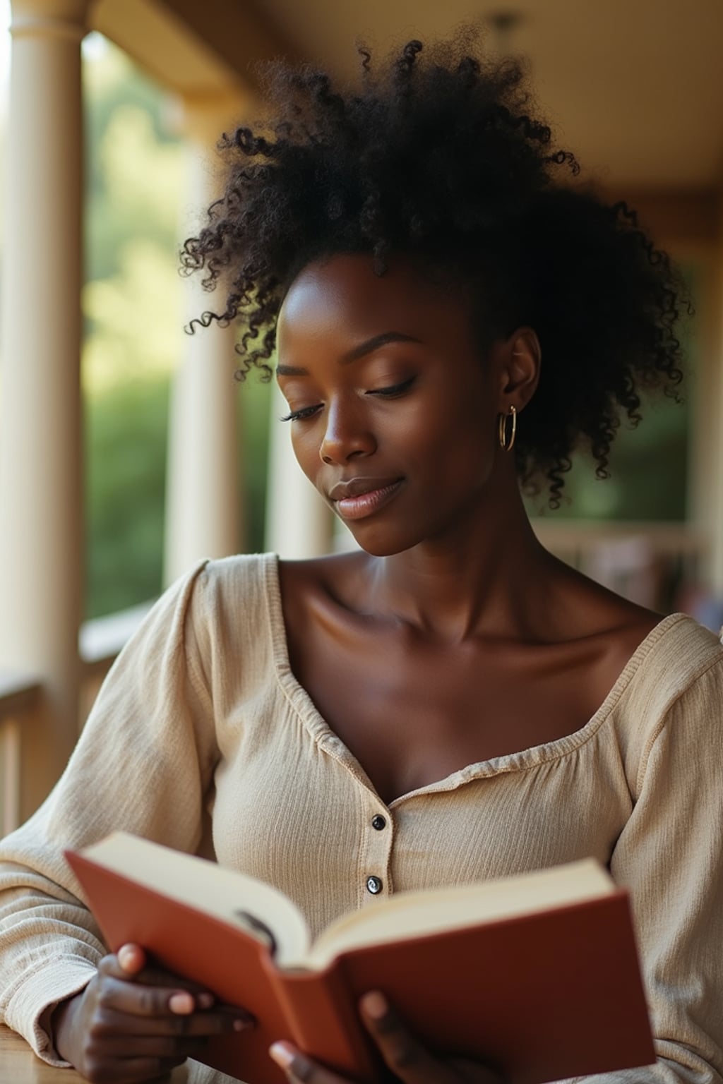 thoughtful  feminine woman reading a book on a sunny balcony or porch