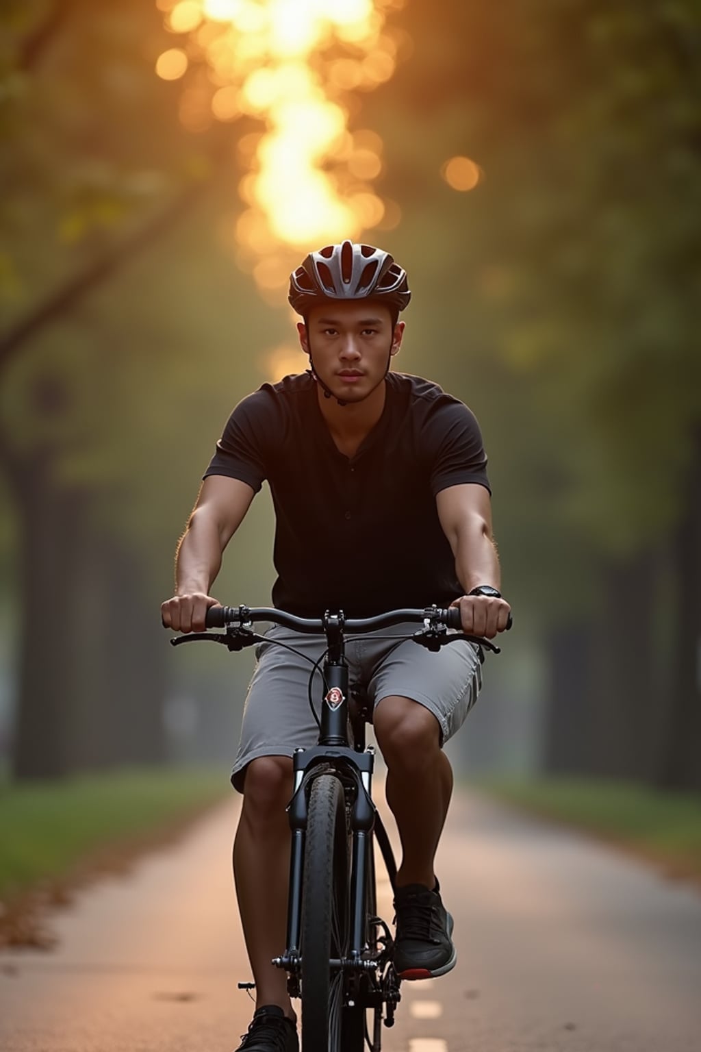 engaging masculine  man taking a bike ride on a tree-lined pathway at dusk