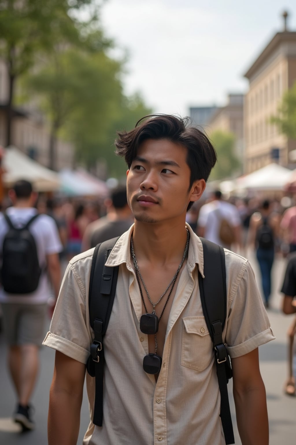 adventurous masculine  man exploring a local street festival or art fair