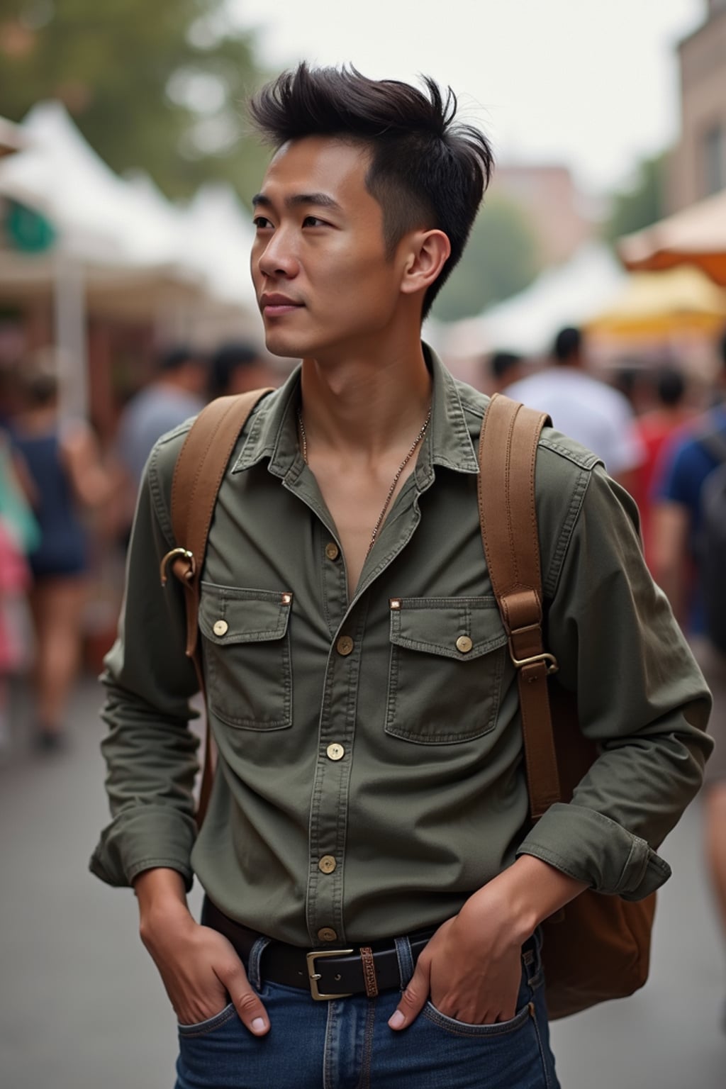 adventurous masculine  man exploring a local street festival or art fair
