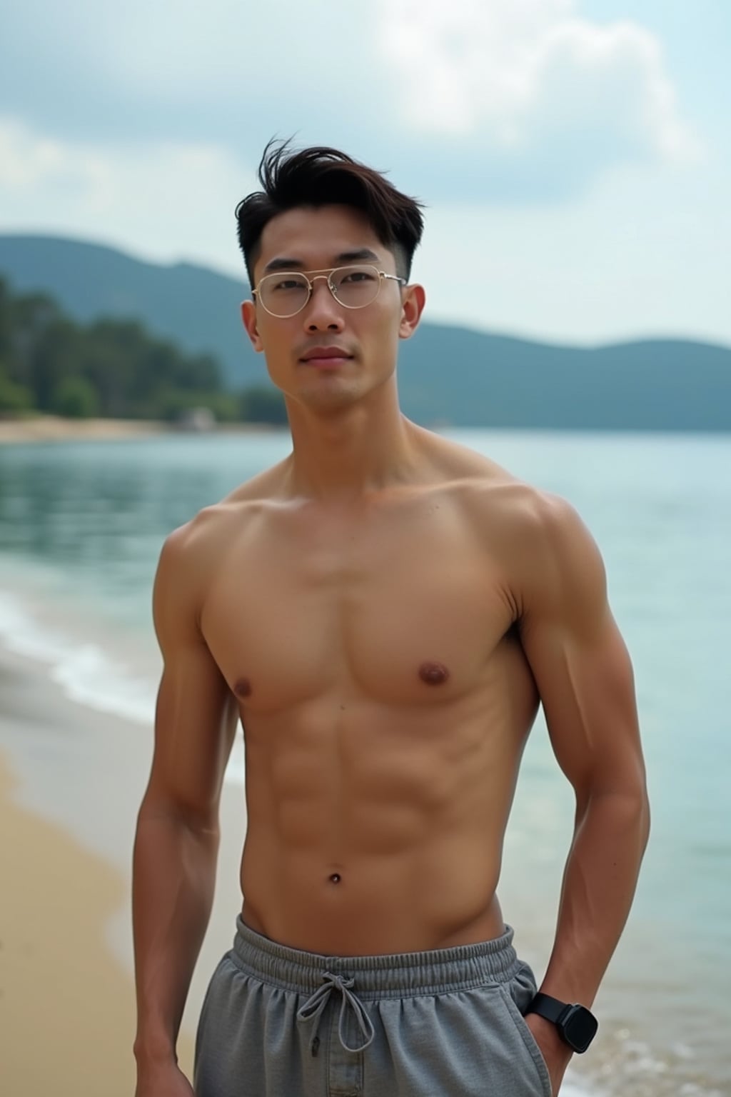 nature-loving masculine  man posing near a peaceful lake or calm beach shore
