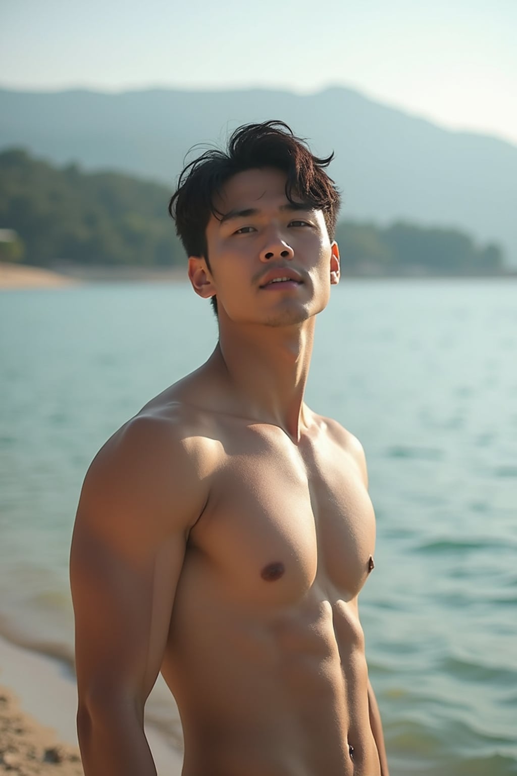 nature-loving masculine  man posing near a peaceful lake or calm beach shore