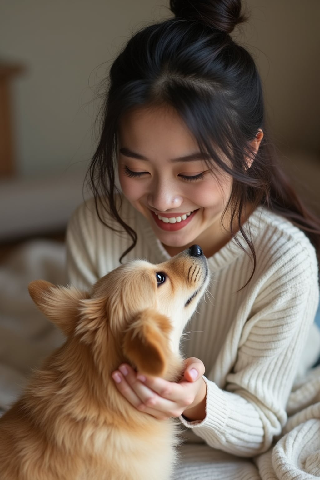 pet-loving  feminine woman happily playing with a dog or cat