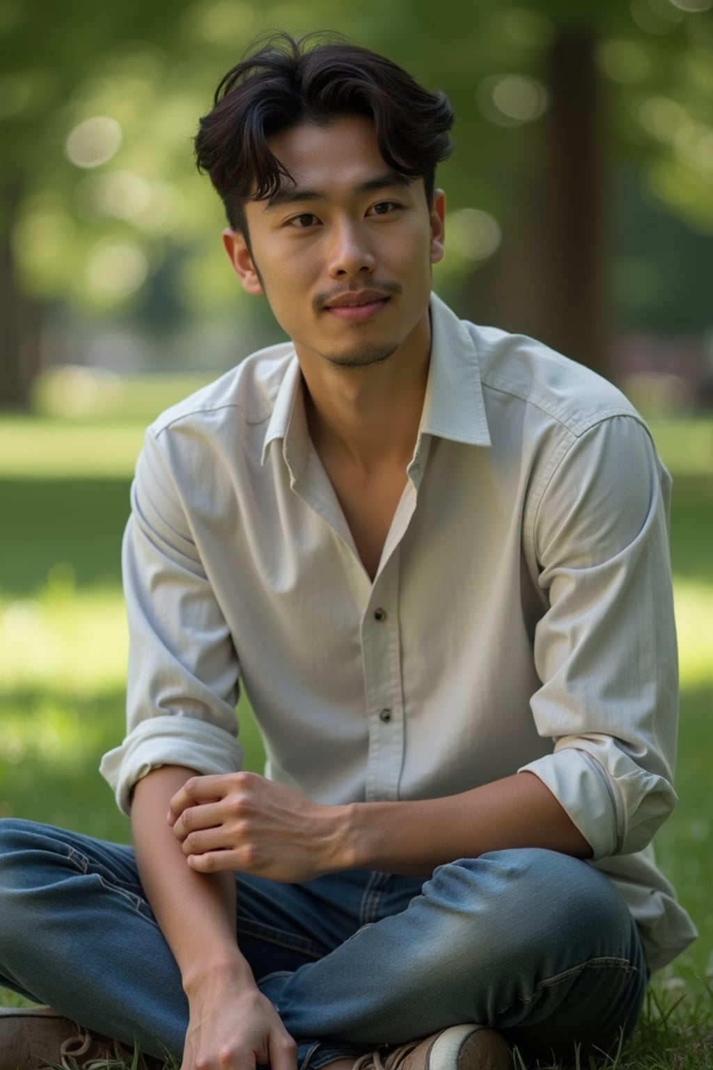 down-to-earth masculine  man hanging out in a quiet park, enjoying nature