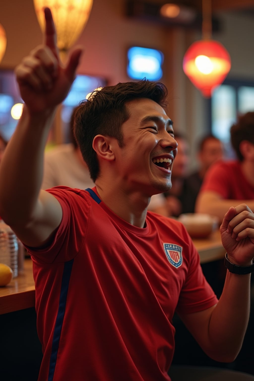 lively masculine  man cheering on a sports game at a cozy bar