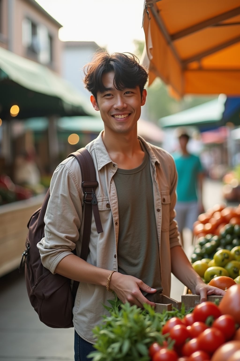 bright-spirited masculine  man exploring a local farmers' market in daylight