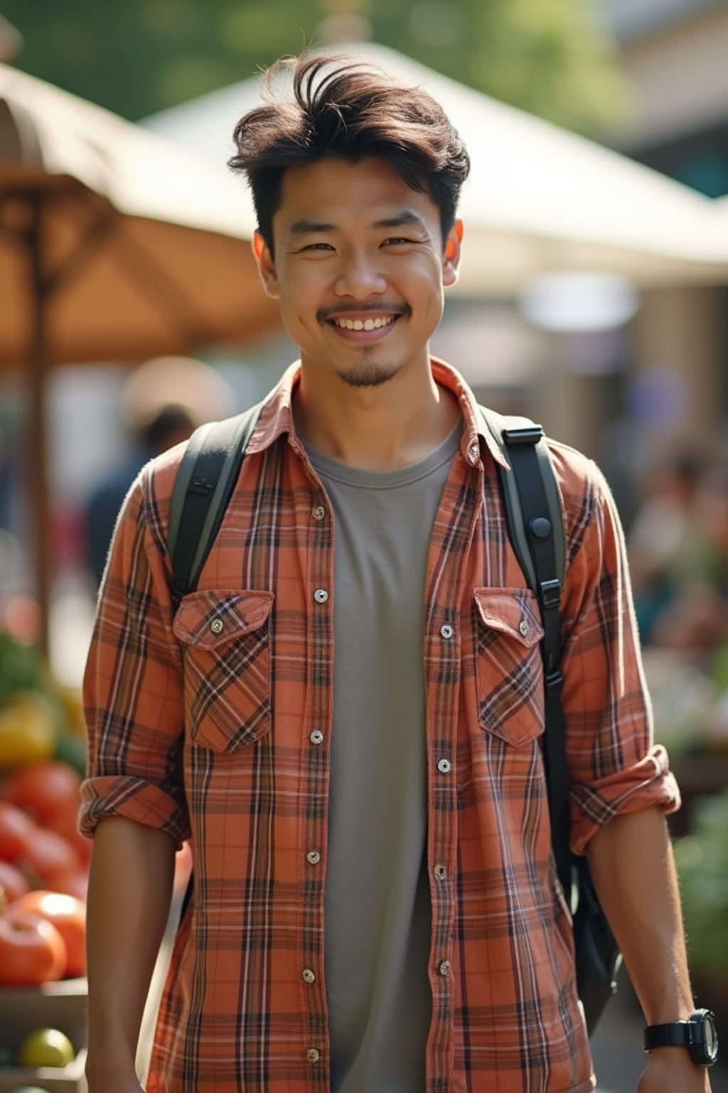 bright-spirited masculine  man exploring a local farmers' market in daylight