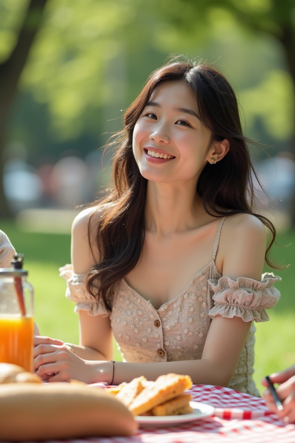 playful  feminine woman having a picnic in a sunny park with friends