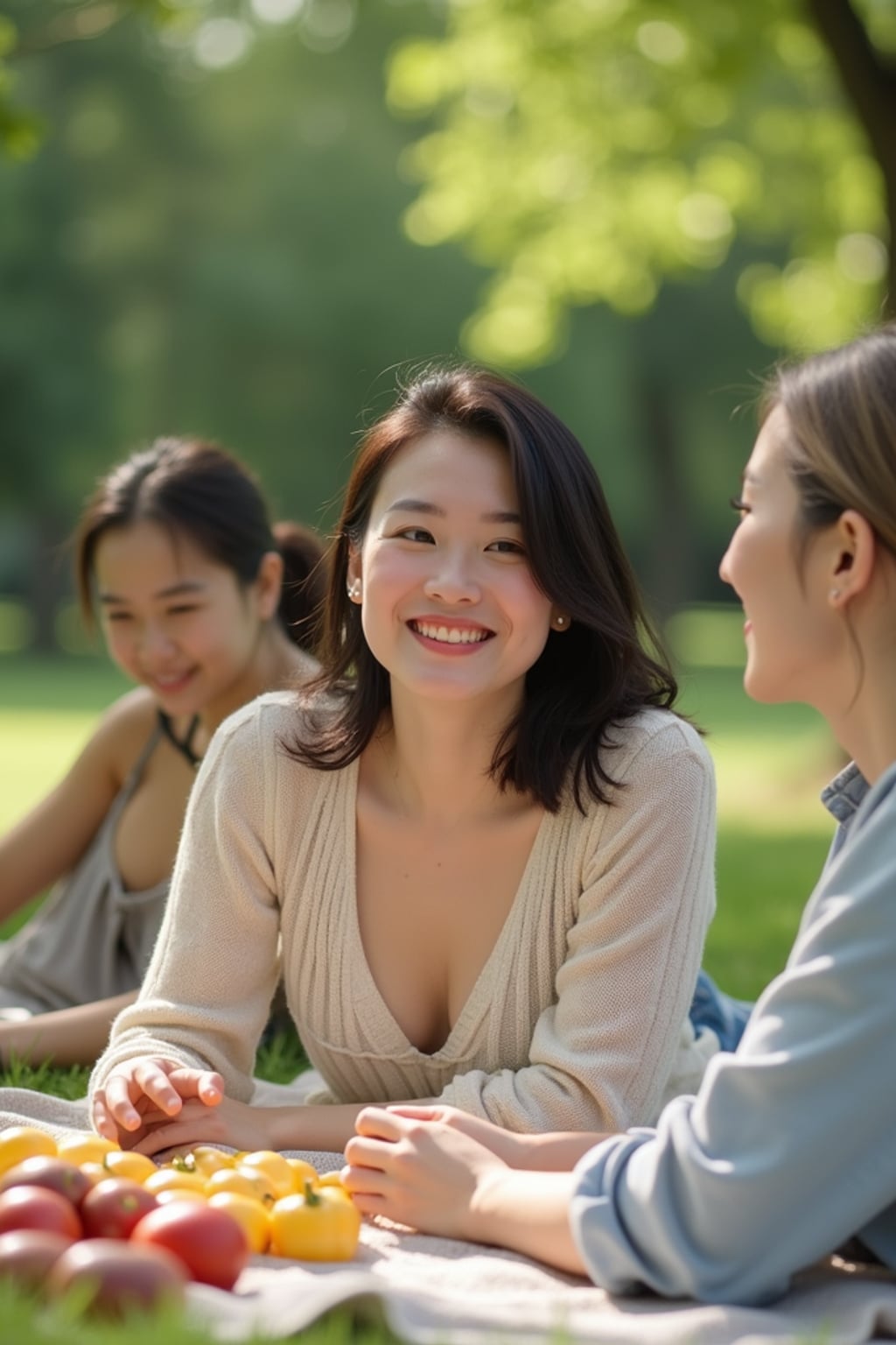 playful  feminine woman having a picnic in a sunny park with friends