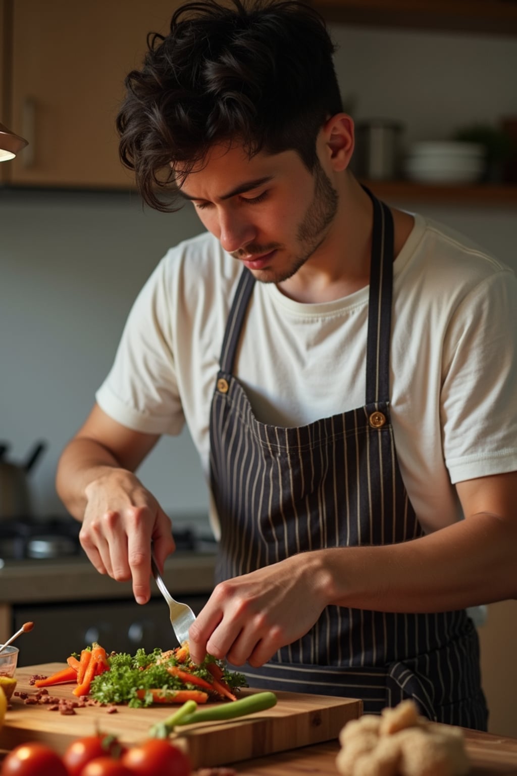 easygoing masculine  man cooking a simple meal in a cozy kitchen setting