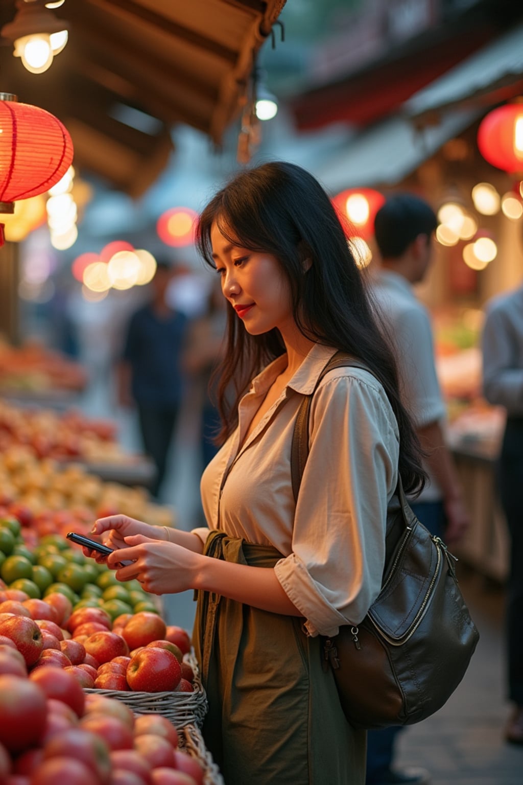 wanderlust  feminine woman browsing stalls in a bustling local market