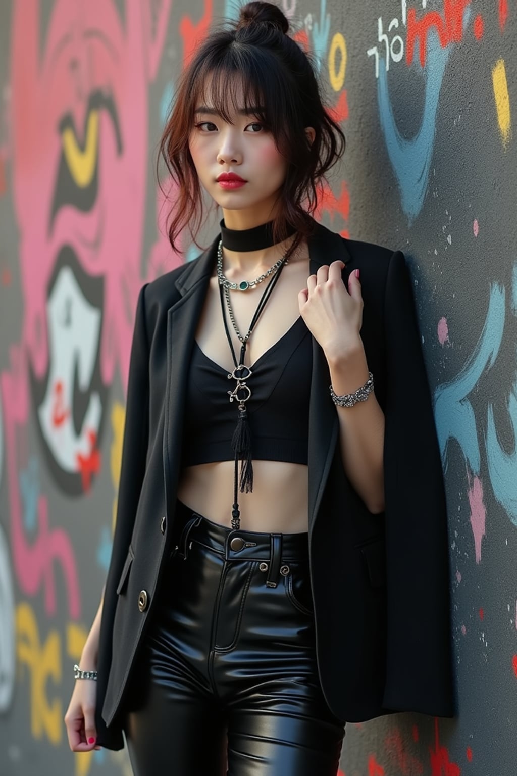 charismatic  feminine woman showing off an edgy streetwear look against an urban wall