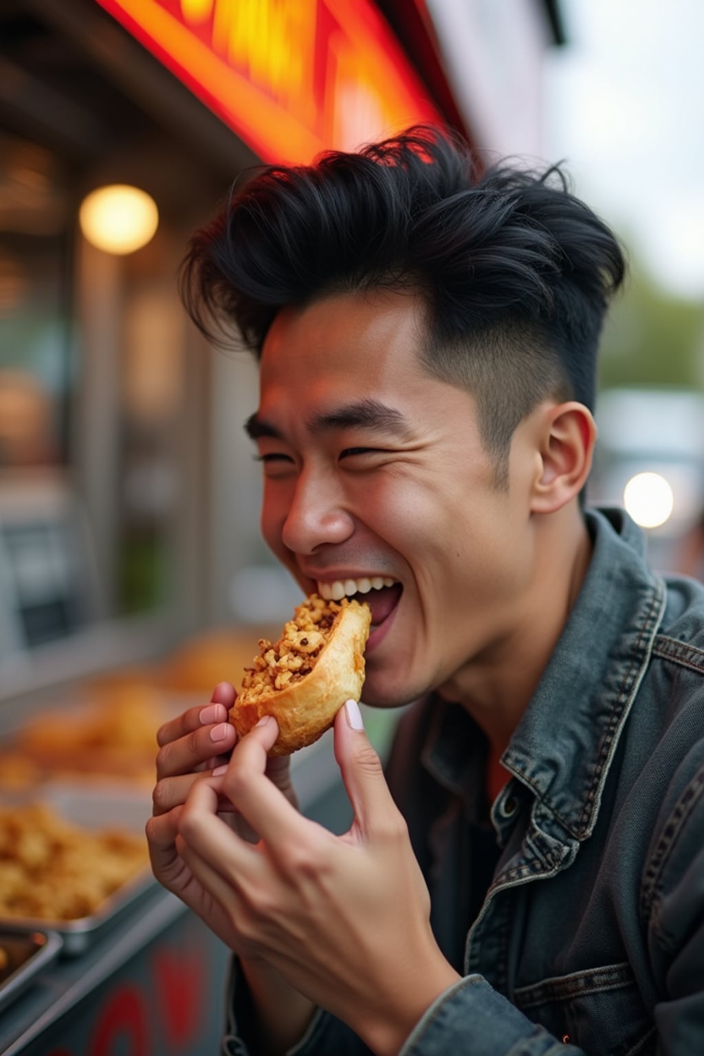 outgoing masculine  man savoring street food at a local food truck event