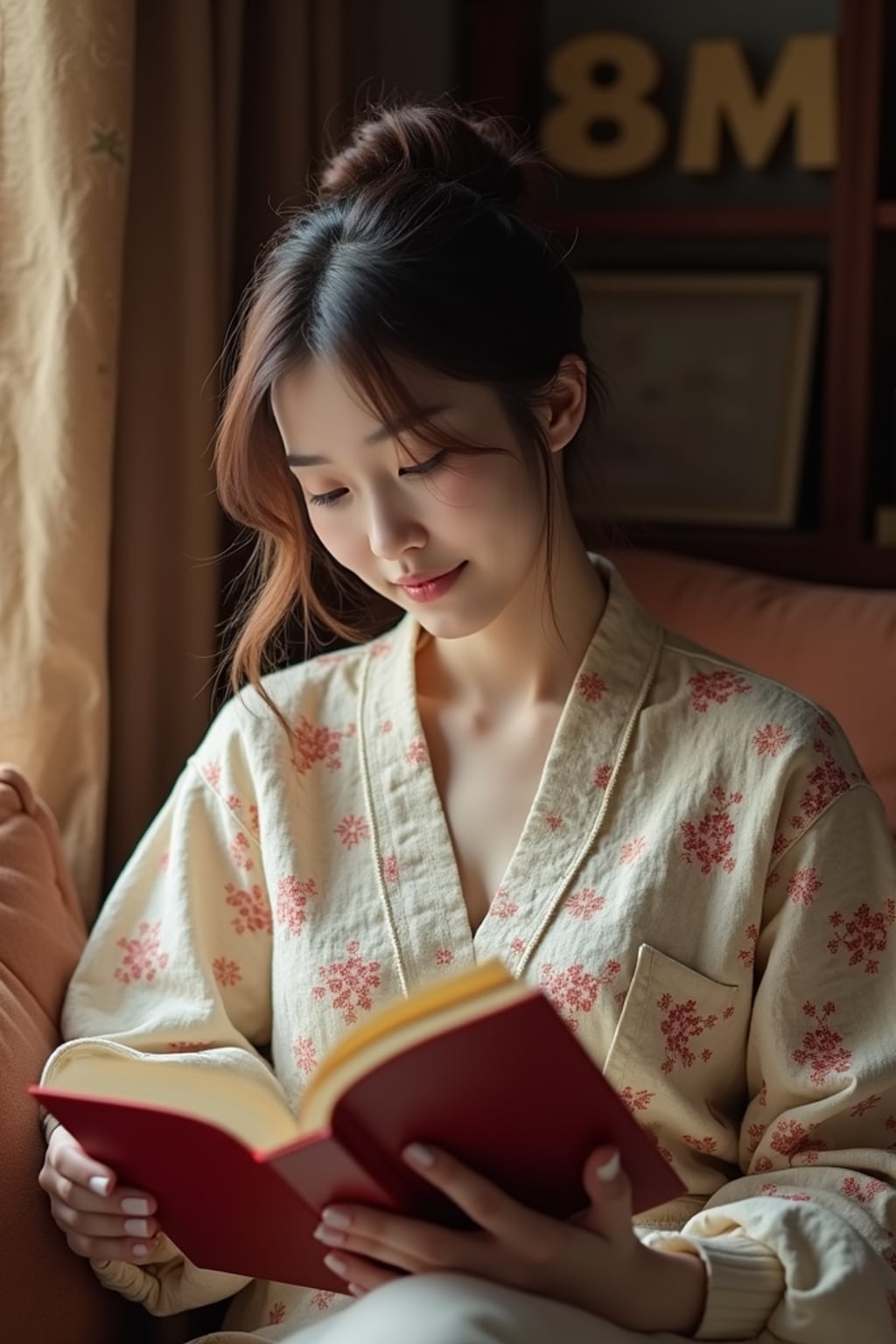 laid-back  feminine woman reading a book in a cozy living room