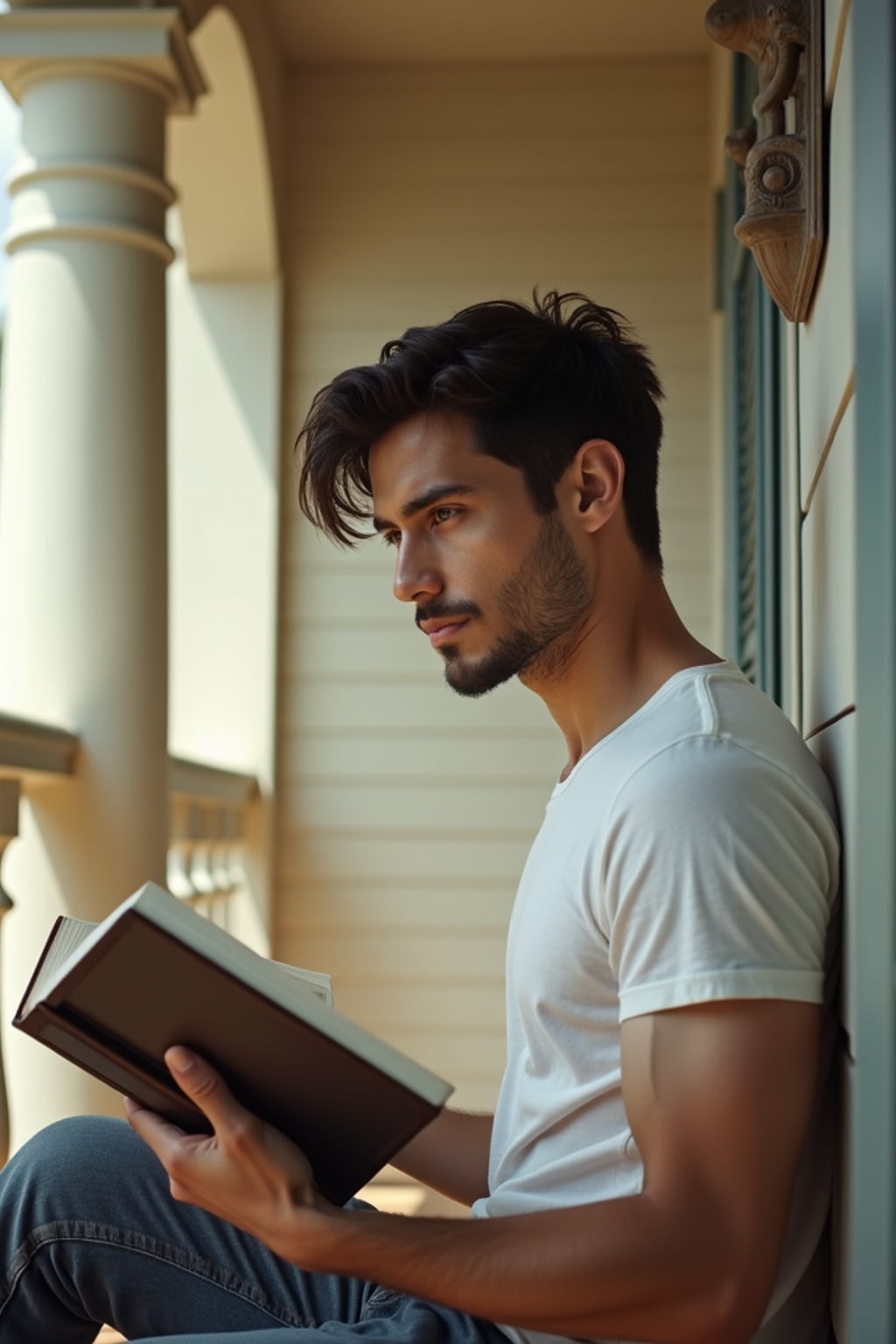 thoughtful masculine  man reading a book on a sunny balcony or porch