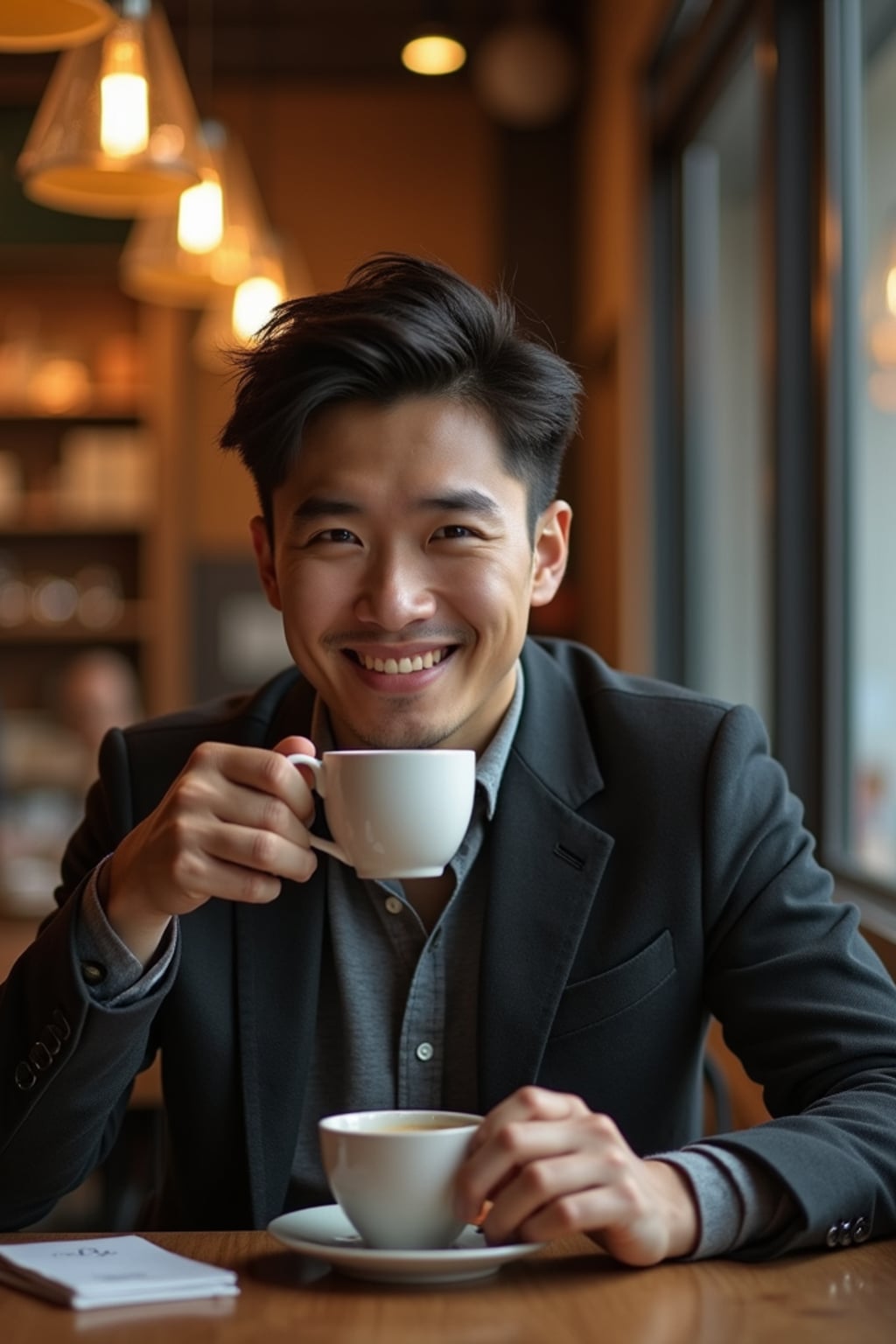warm masculine  man enjoying a quiet coffee at a cozy café