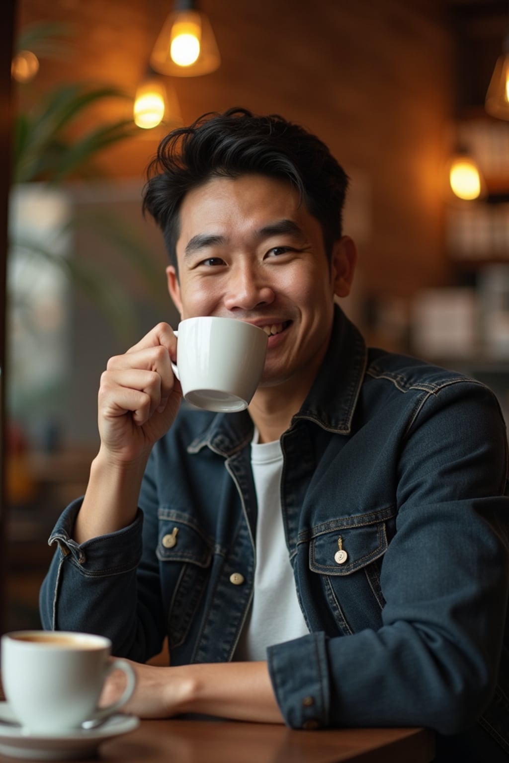 warm masculine  man enjoying a quiet coffee at a cozy café