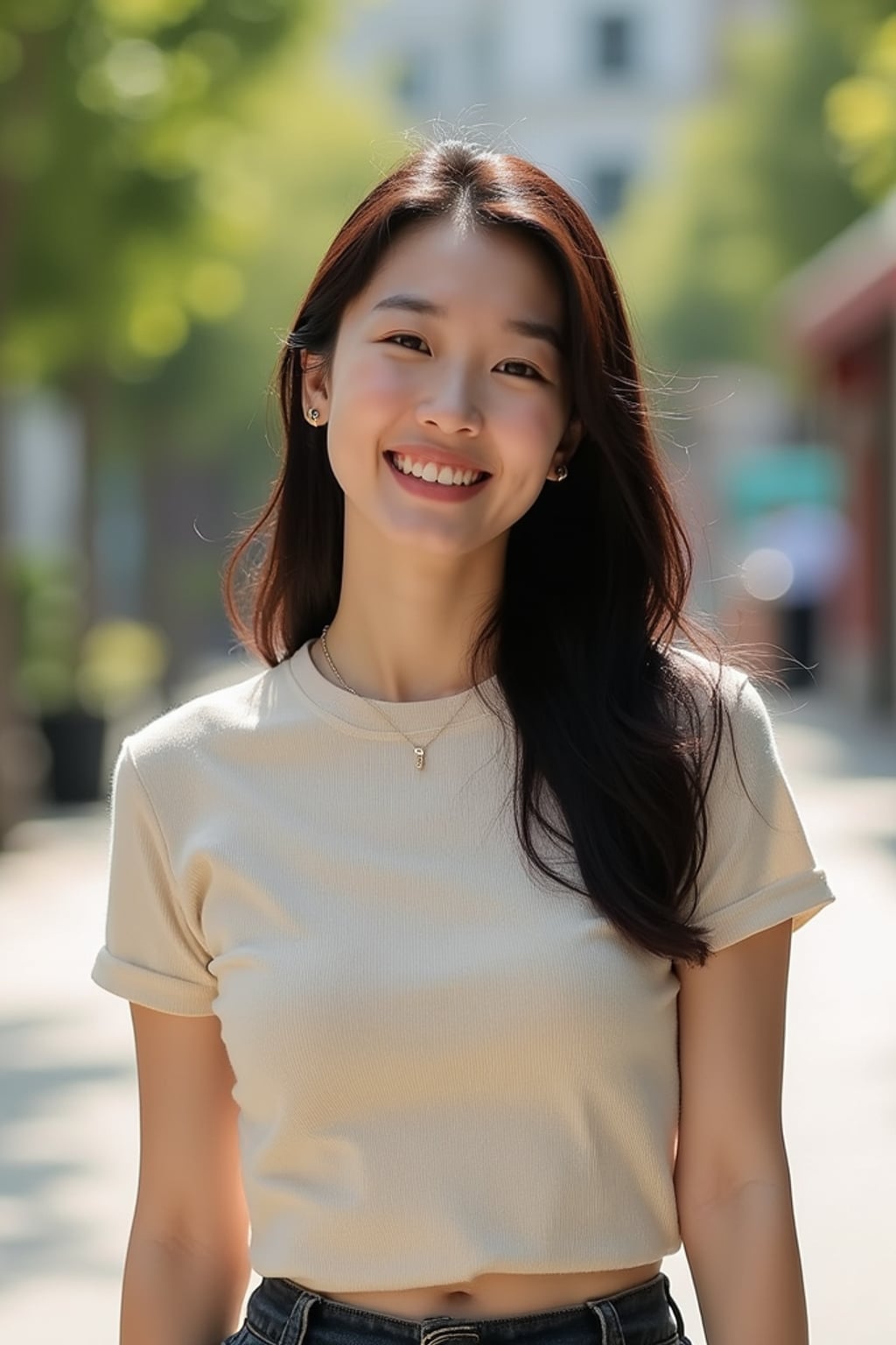 friendly  feminine woman wearing everyday attire in a bright outdoor setting for a Bumble profile photo