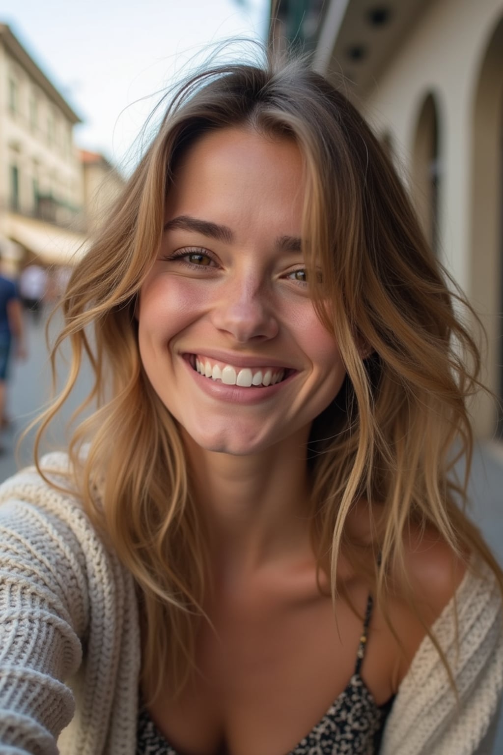 sincere  feminine woman snapping a selfie on a casual day out, with a genuine smile