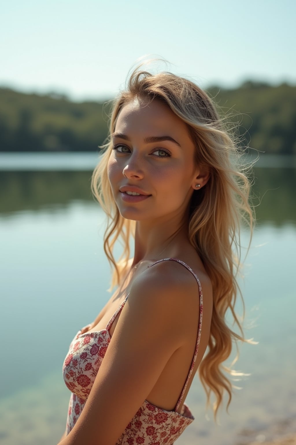 nature-loving  feminine woman posing near a peaceful lake or calm beach shore