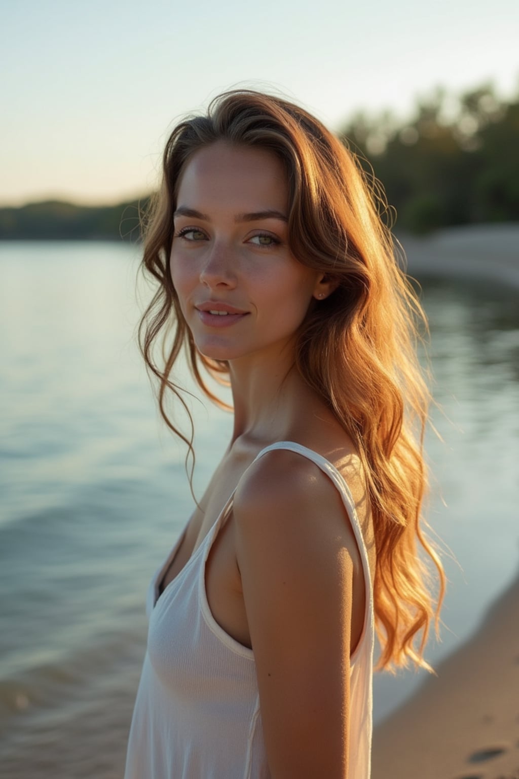 nature-loving  feminine woman posing near a peaceful lake or calm beach shore