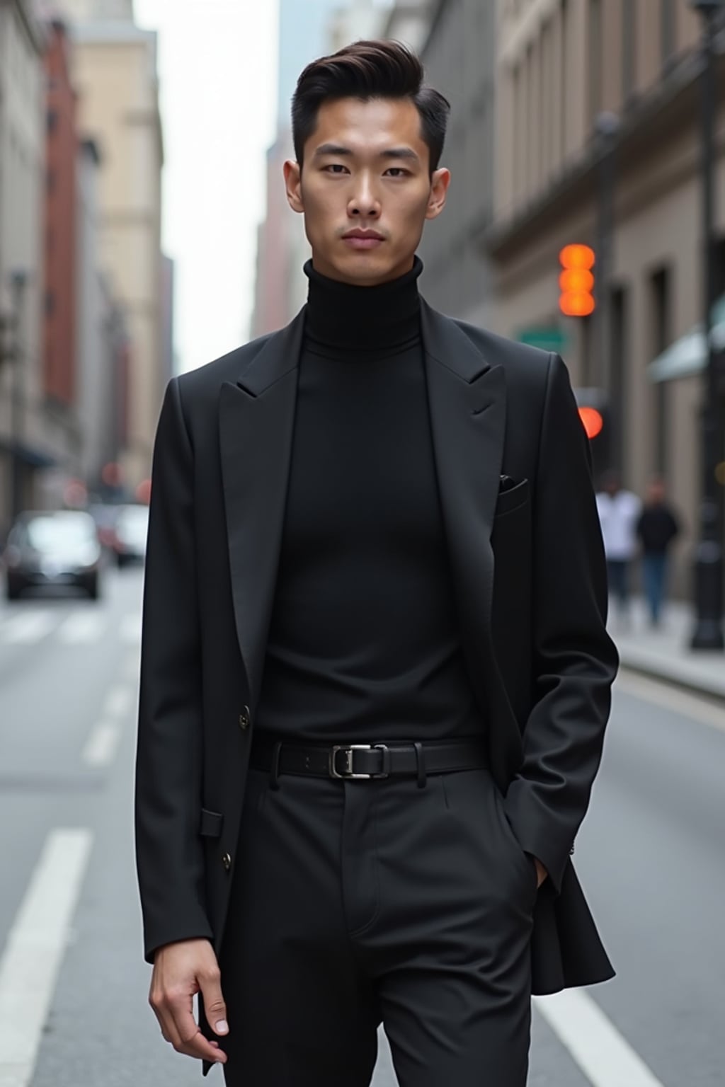 minimalist masculine  man in a sleek monochrome outfit on a city street
