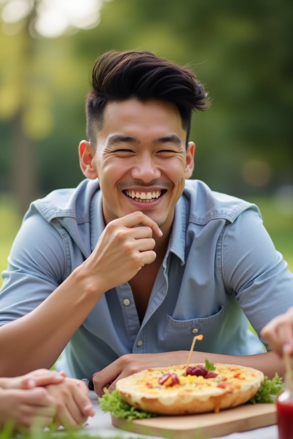 playful masculine  man having a picnic in a sunny park with friends