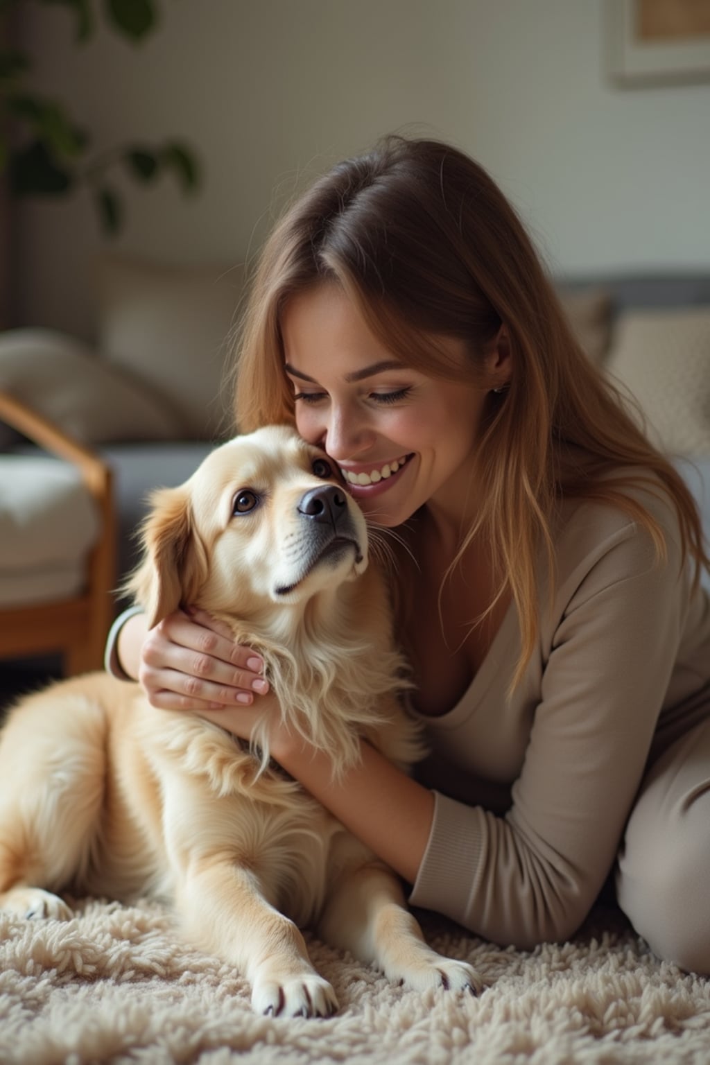 friendly  feminine woman playing with a dog or cat in a homey living room