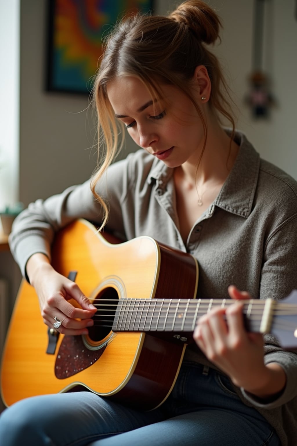 creative  feminine woman practicing a personal passion—playing guitar, painting, or crafting