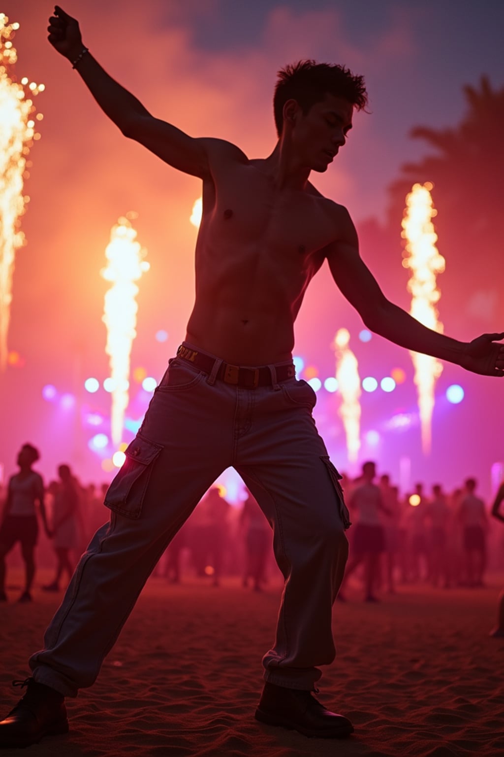 energetic masculine  man dancing at a summer music festival with colorful lights