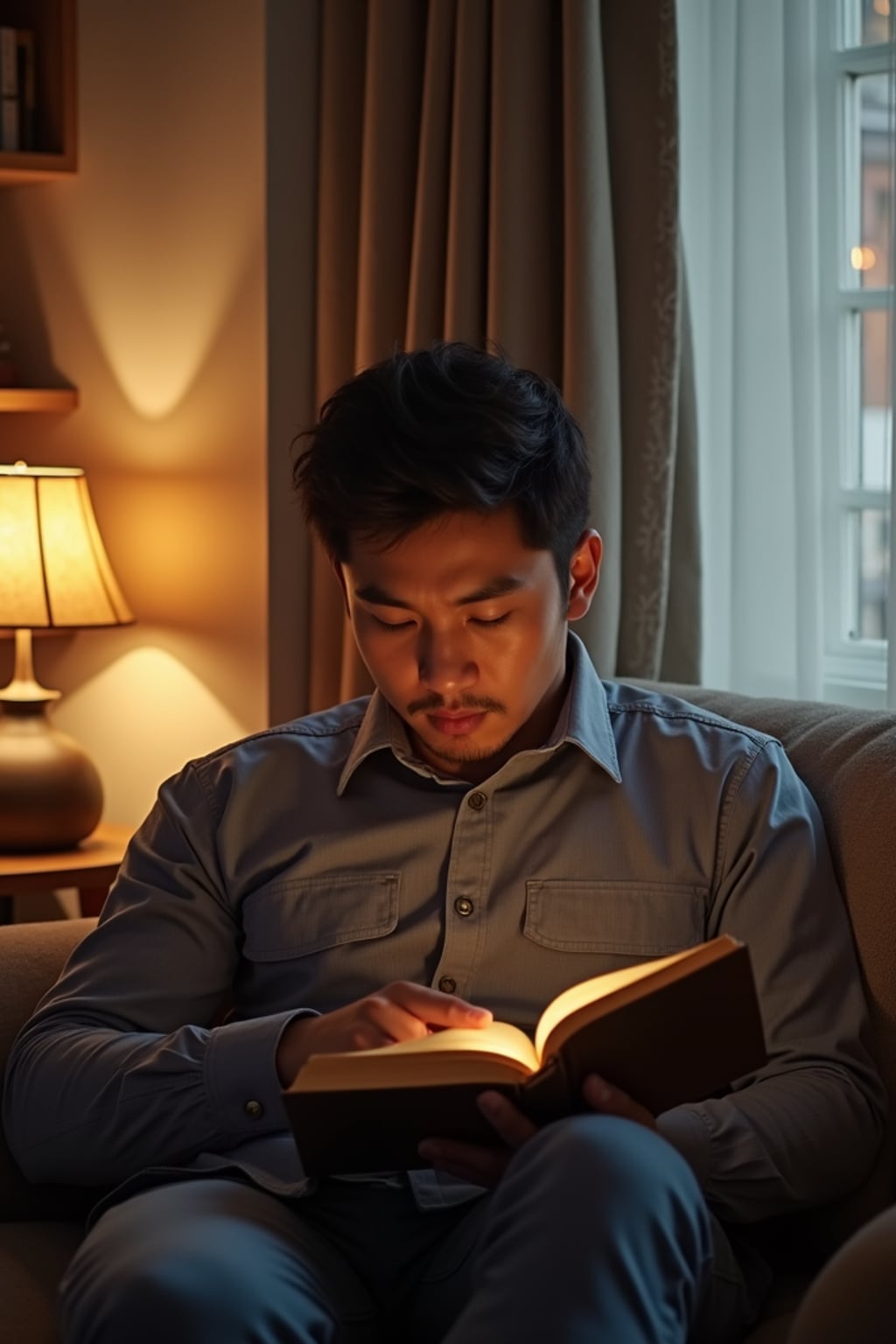 laid-back masculine  man reading a book in a cozy living room