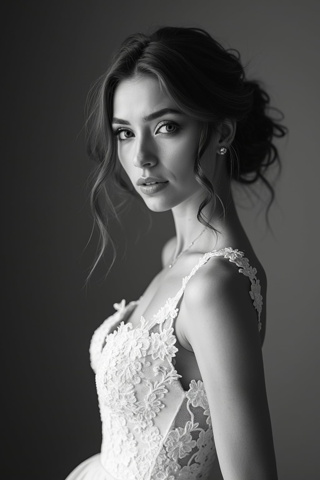 Artistic black and white wedding portrait, capturing emotions of the special day. Model wearing a vintage-inspired lace wedding dress  . Timeless and graceful composition.
