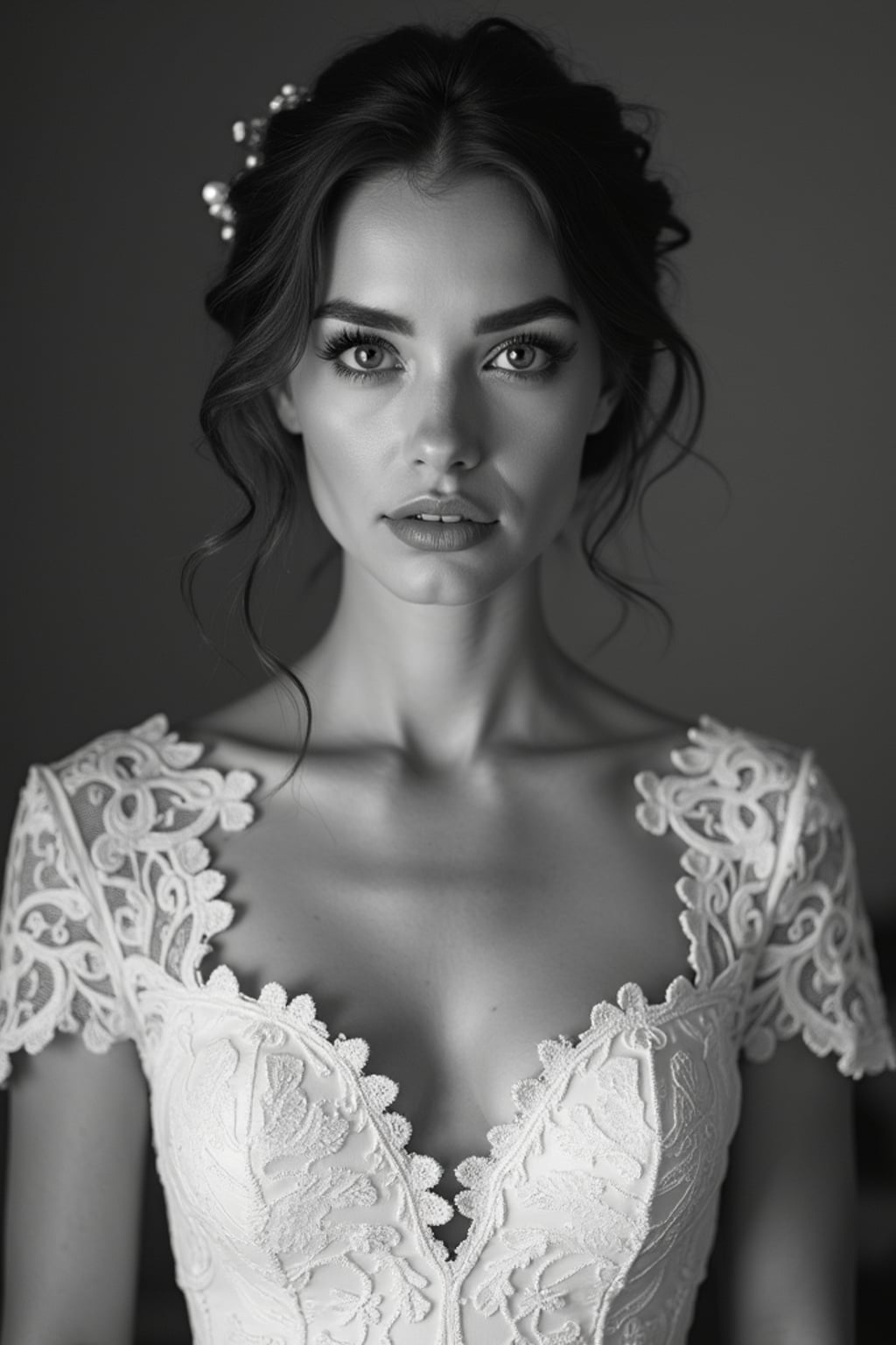 Artistic black and white wedding portrait, capturing emotions of the special day. Model wearing a vintage-inspired lace wedding dress  . Timeless and graceful composition.