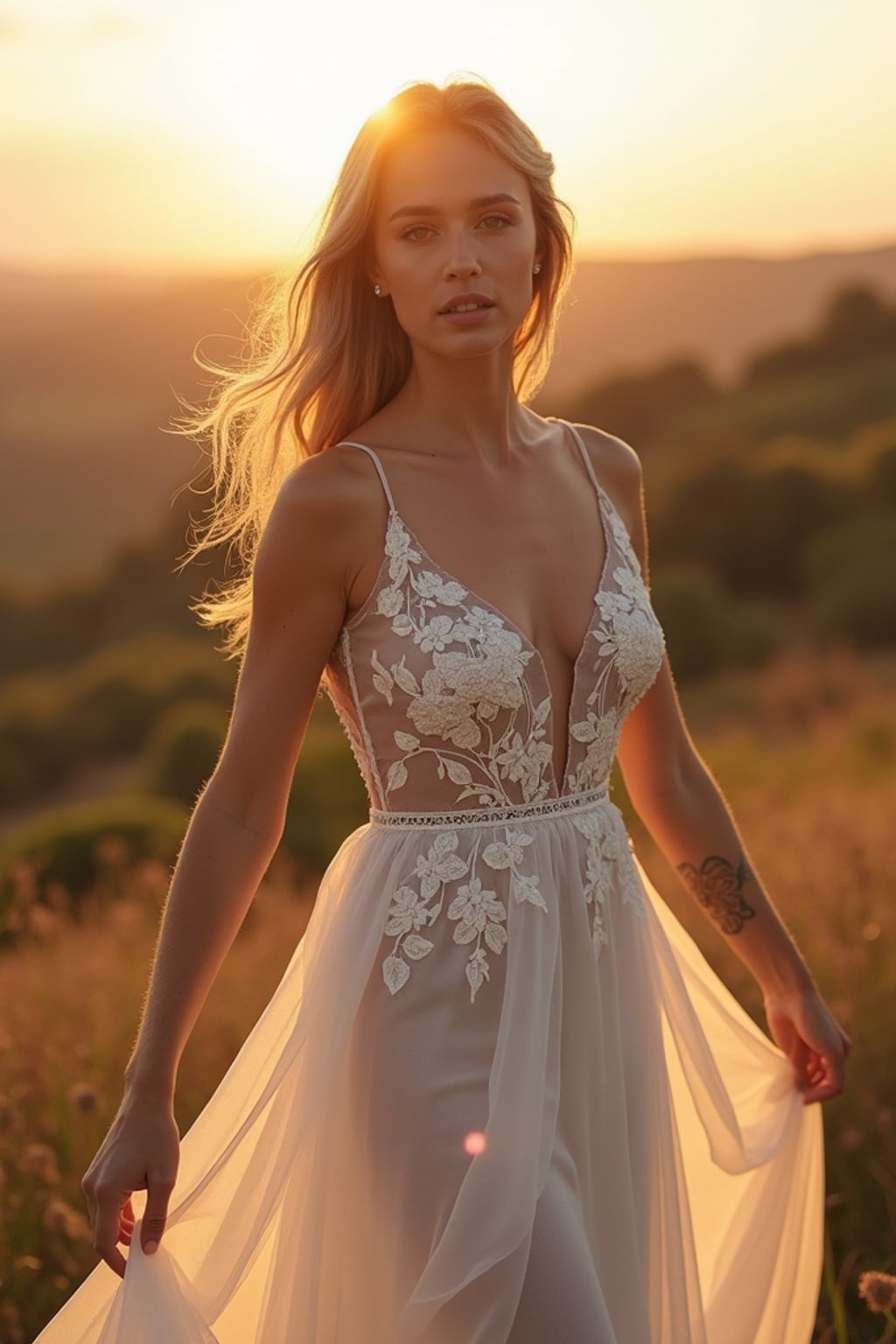 Golden hour wedding shoot with breathtaking natural scenery. Model wearing a delicate white dress with floral accents  . Warm sunlight creating a dreamy ambiance.