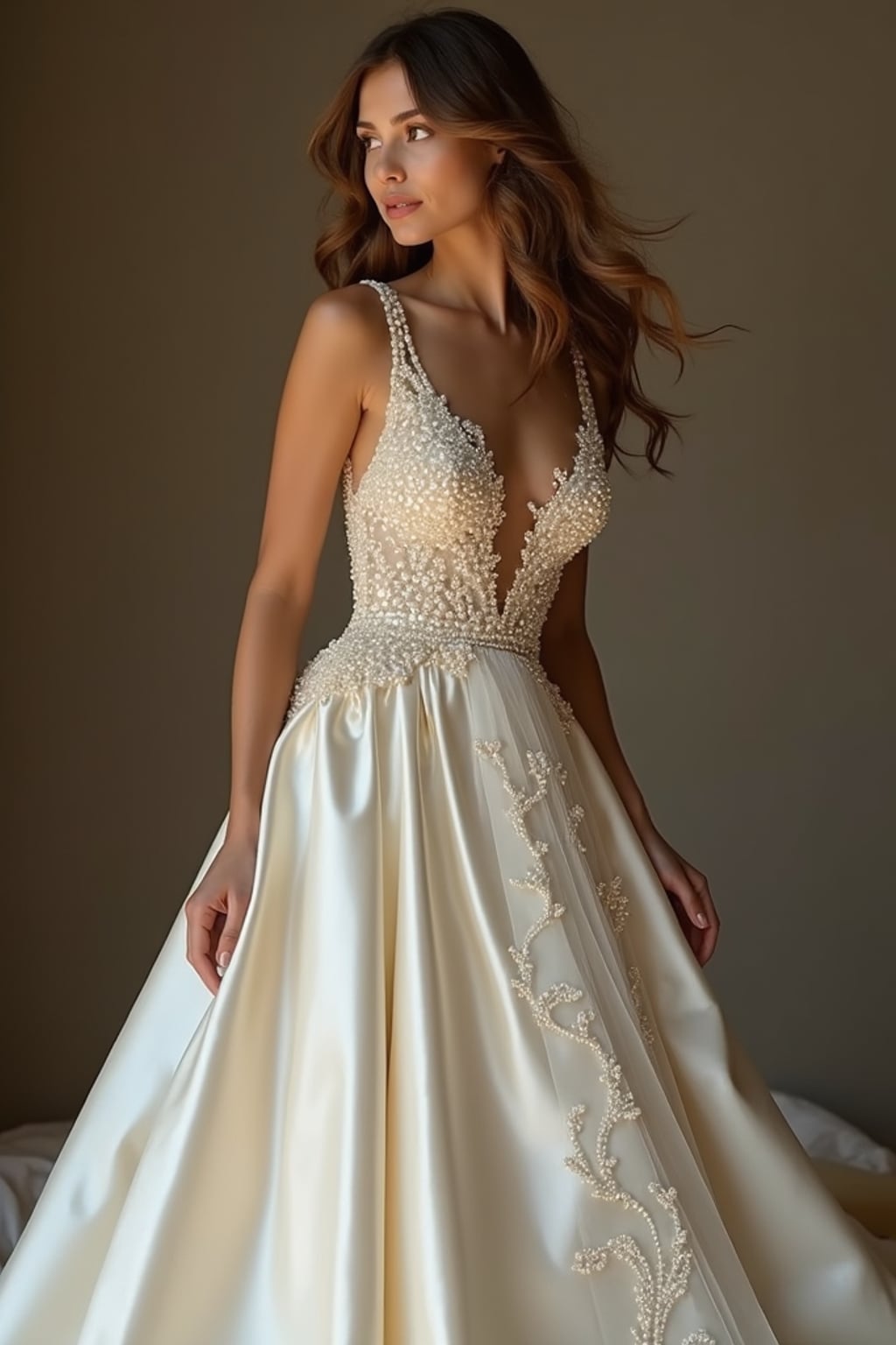 Elegant wedding fashion editorial-style photography. Model wearing a silk gown with delicate pearl details  . Luxury wedding inspiration.