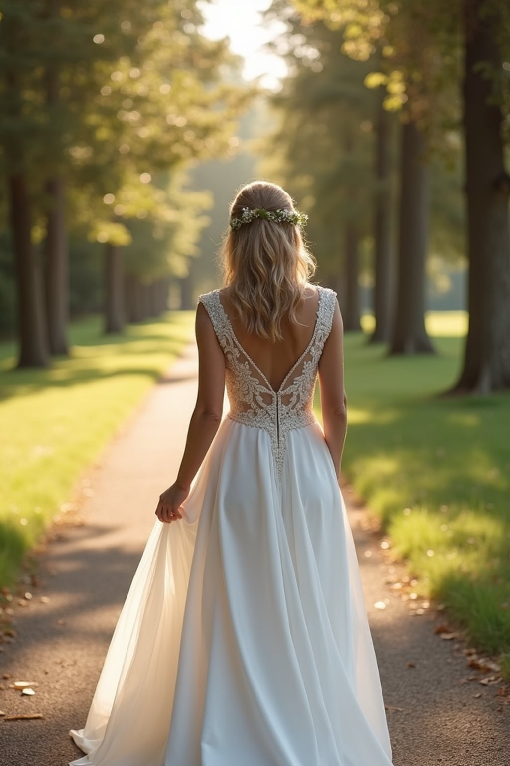 Wedding day candid moment, walking down a scenic path. Model wearing a flowing white gown with delicate embroidery  . Sunlight filtering through trees, cinematic photography.