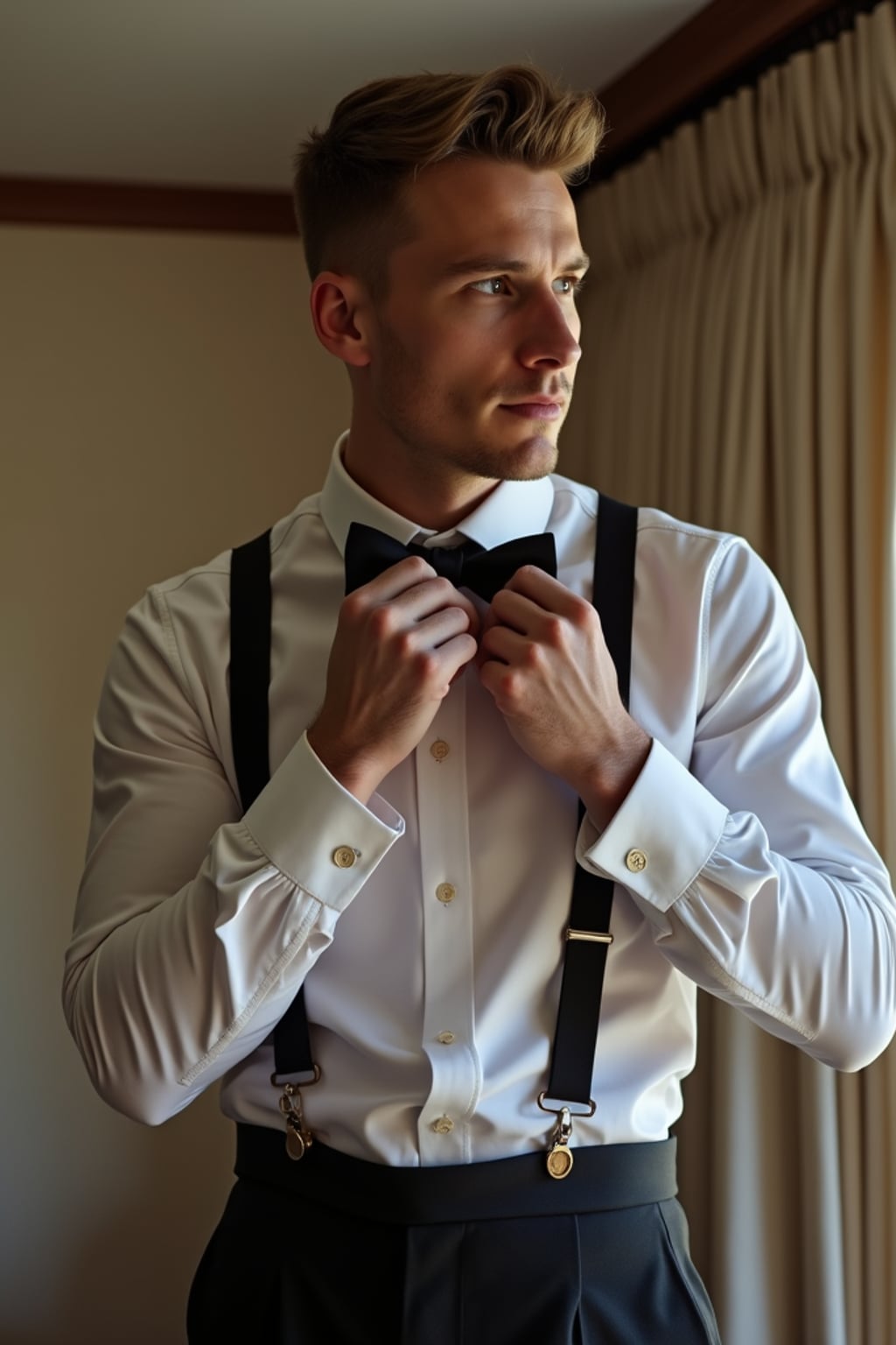 Candid moment, adjusting wedding outfit before the ceremony. Model  straightening a stylish bowtie, looking dapper . Timeless wedding aesthetic.