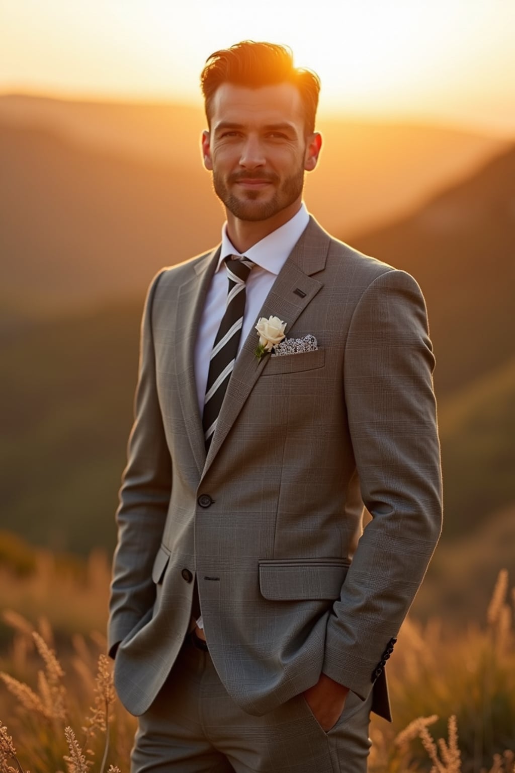 Golden hour wedding shoot with breathtaking natural scenery. Model  wearing a grey checkered suit . Warm sunlight creating a dreamy ambiance.
