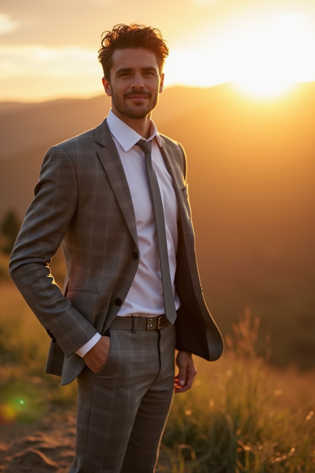 Golden hour wedding shoot with breathtaking natural scenery. Model  wearing a grey checkered suit . Warm sunlight creating a dreamy ambiance.