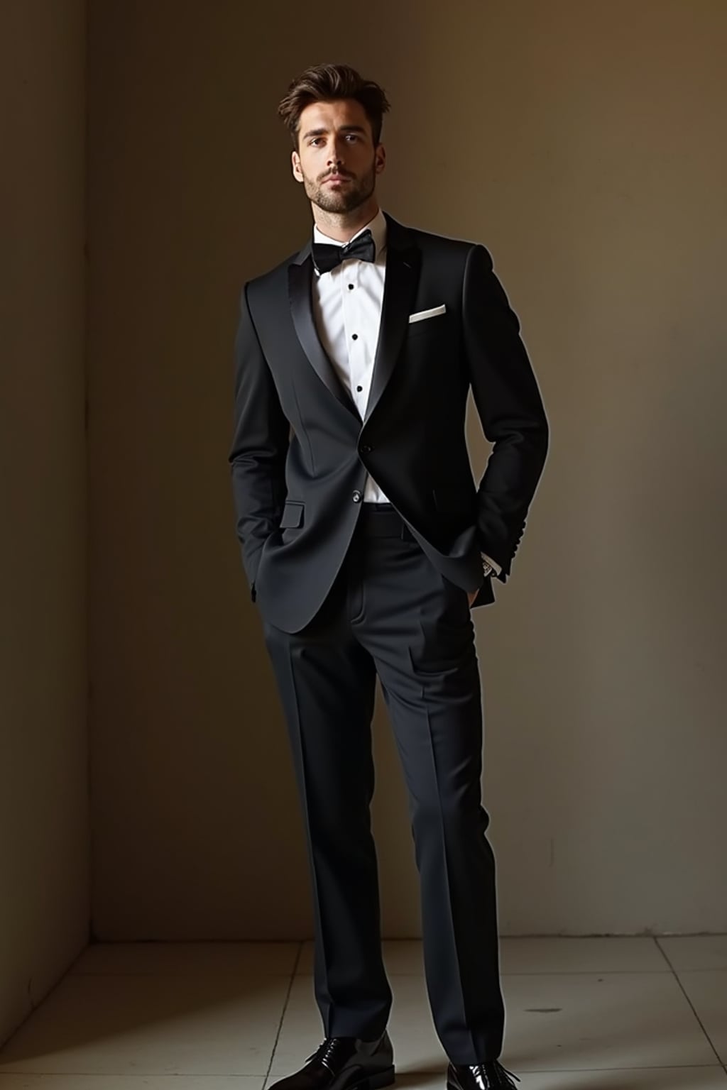 Elegant wedding fashion editorial-style photography. Model  wearing a classic tuxedo with polished shoes . Luxury wedding inspiration.