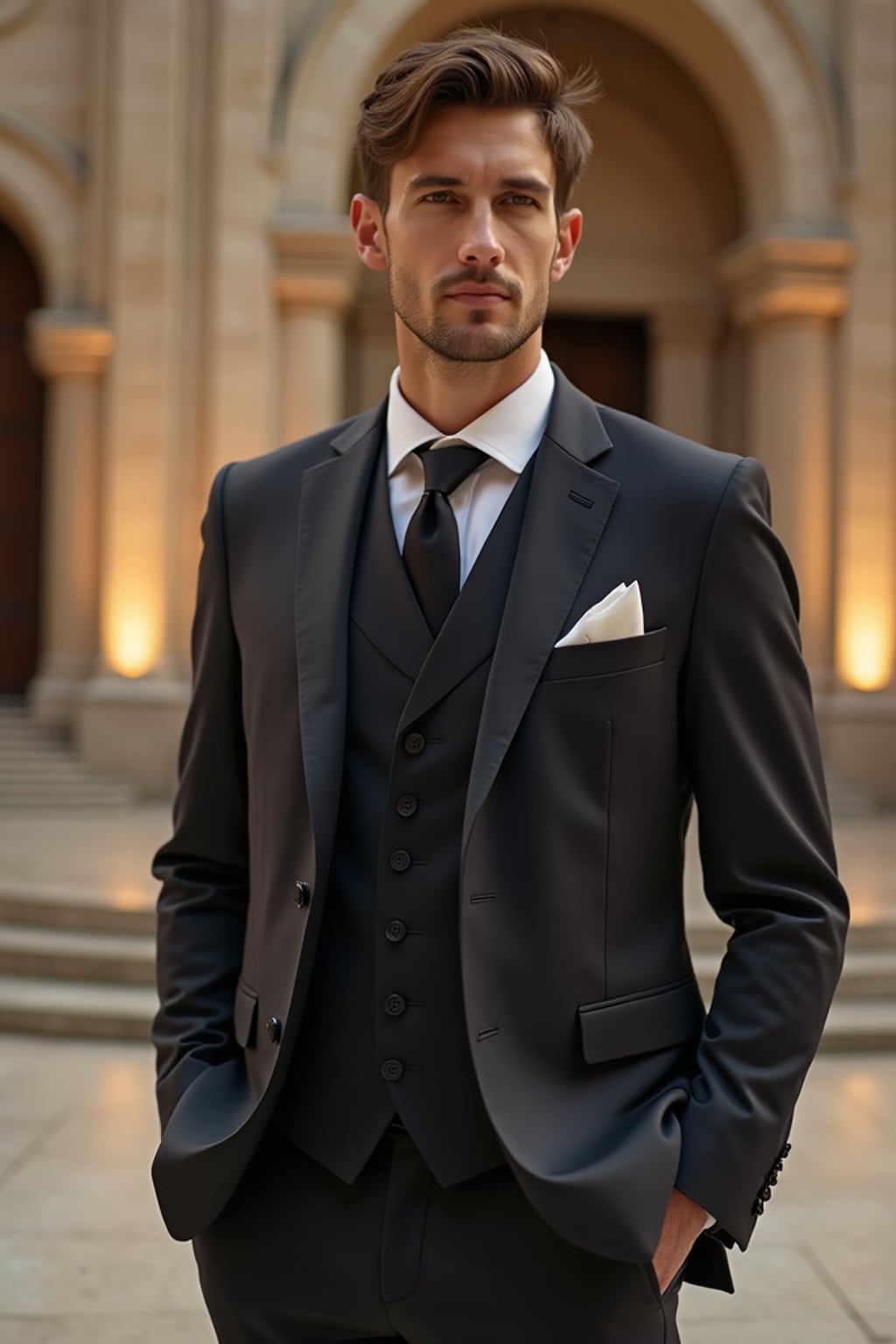Dreamy wedding setting in front of a grand cathedral. Model  wearing a sleek three-piece suit . Romantic lighting and timeless aesthetic.