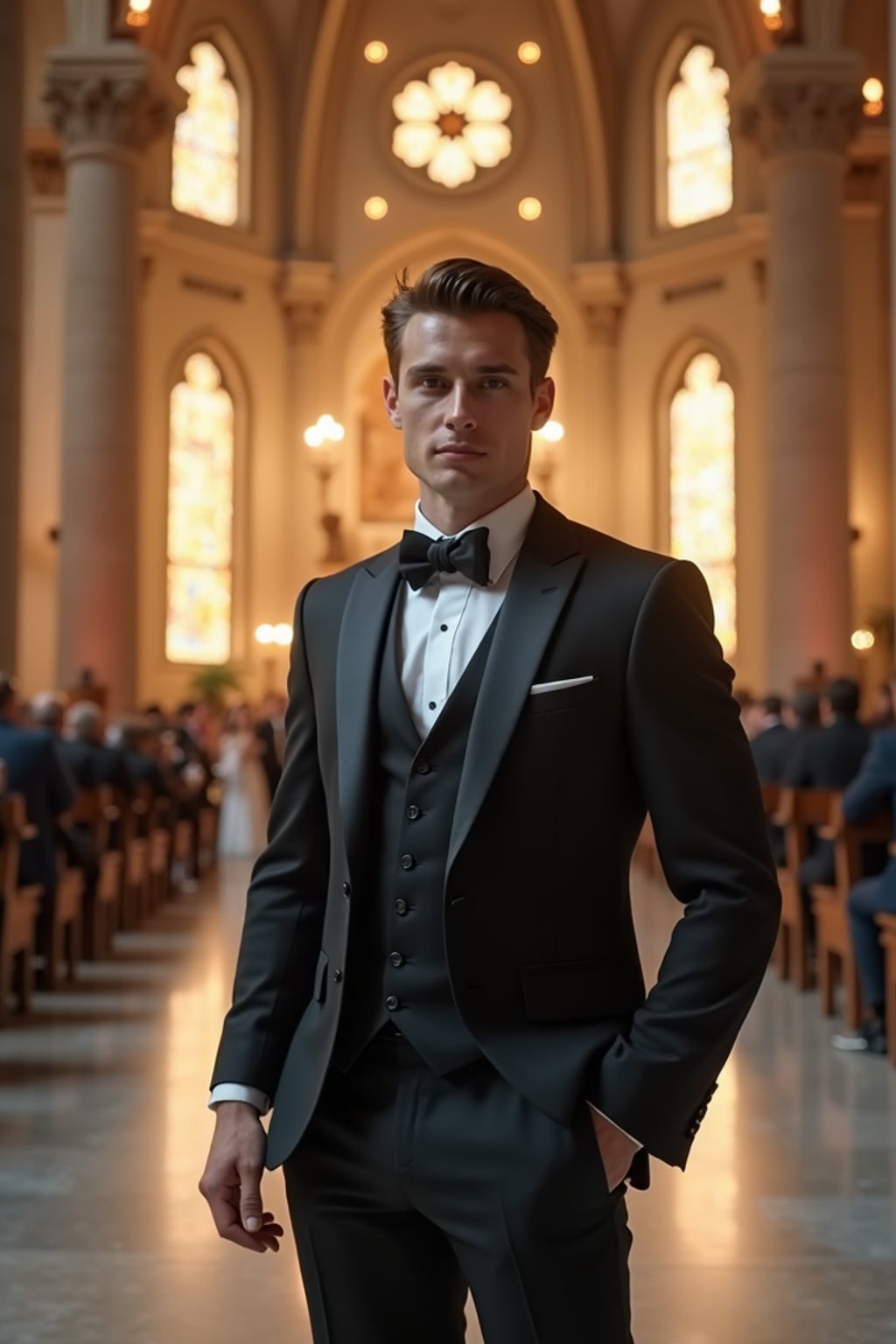 Dreamy wedding setting in front of a grand cathedral. Model  wearing a sleek three-piece suit . Romantic lighting and timeless aesthetic.