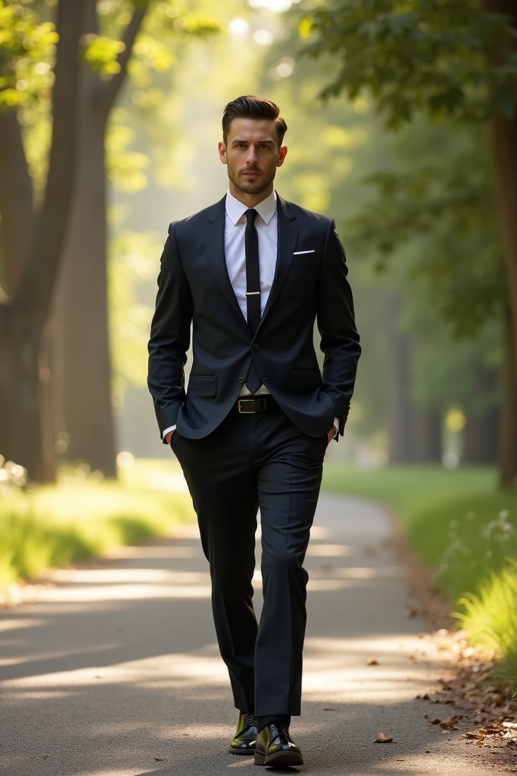Wedding day candid moment, walking down a scenic path. Model  wearing a sharp modern suit, confident stride . Sunlight filtering through trees, cinematic photography.