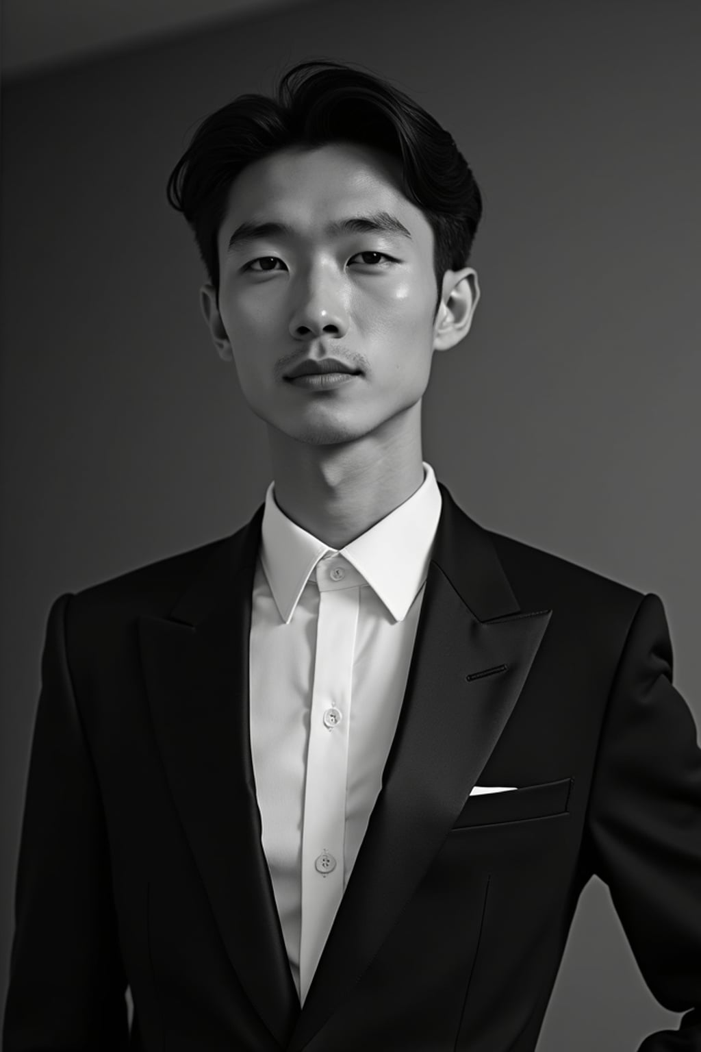 Artistic black and white wedding portrait, capturing emotions of the special day. Model  wearing a monochrome wedding tuxedo . Timeless and graceful composition.
